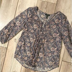 Lauren Ralph Lauren Womens Small Blouse Pleated Long Sleeve Blue Pink Floral